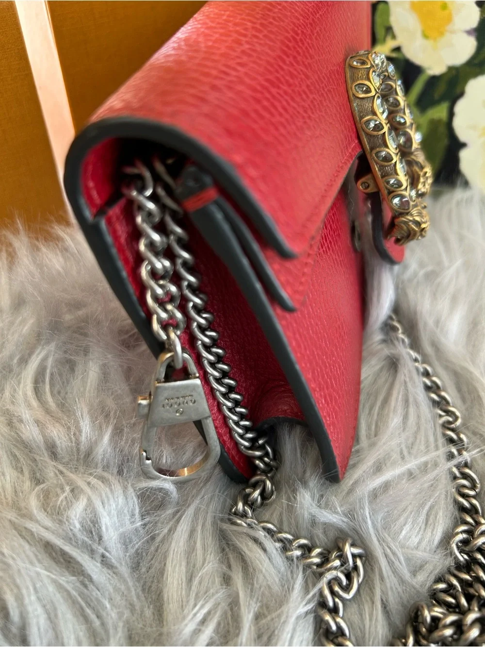 Red Leather Shoulder Bag with Decorative Gold Accent - Picture 5 of 5